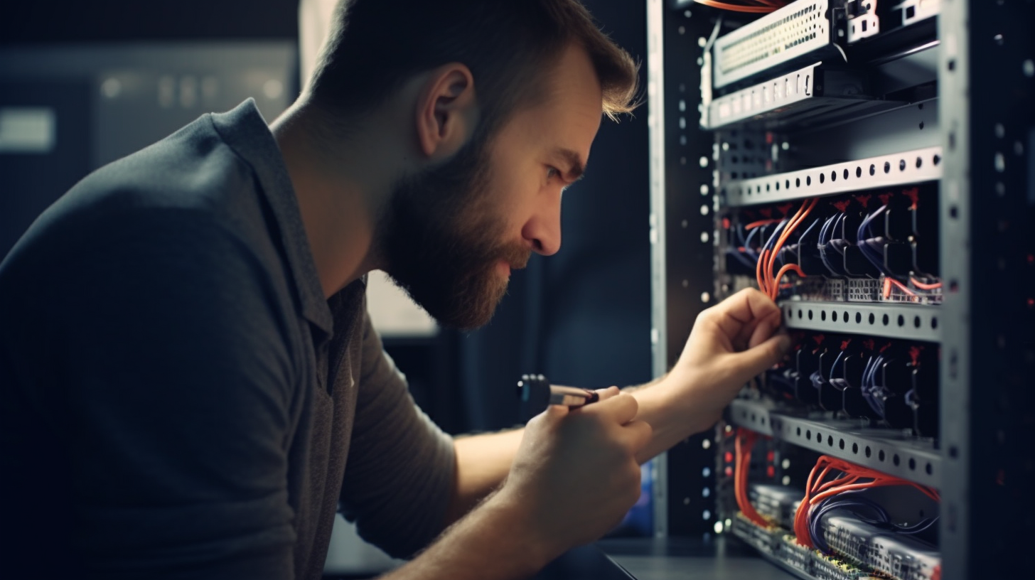 dyaper_realistic_4k_IT_man_fixing_Cisco_Switch_advertise_image__219346fa-d595-4d93-8e33-313495b8c49c